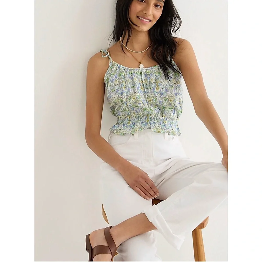 J CREW X LIBERTY Floral Tie Strap Sleeveless Ruffle Smocked Waist Crop Tank S - Picture 1 of 8
